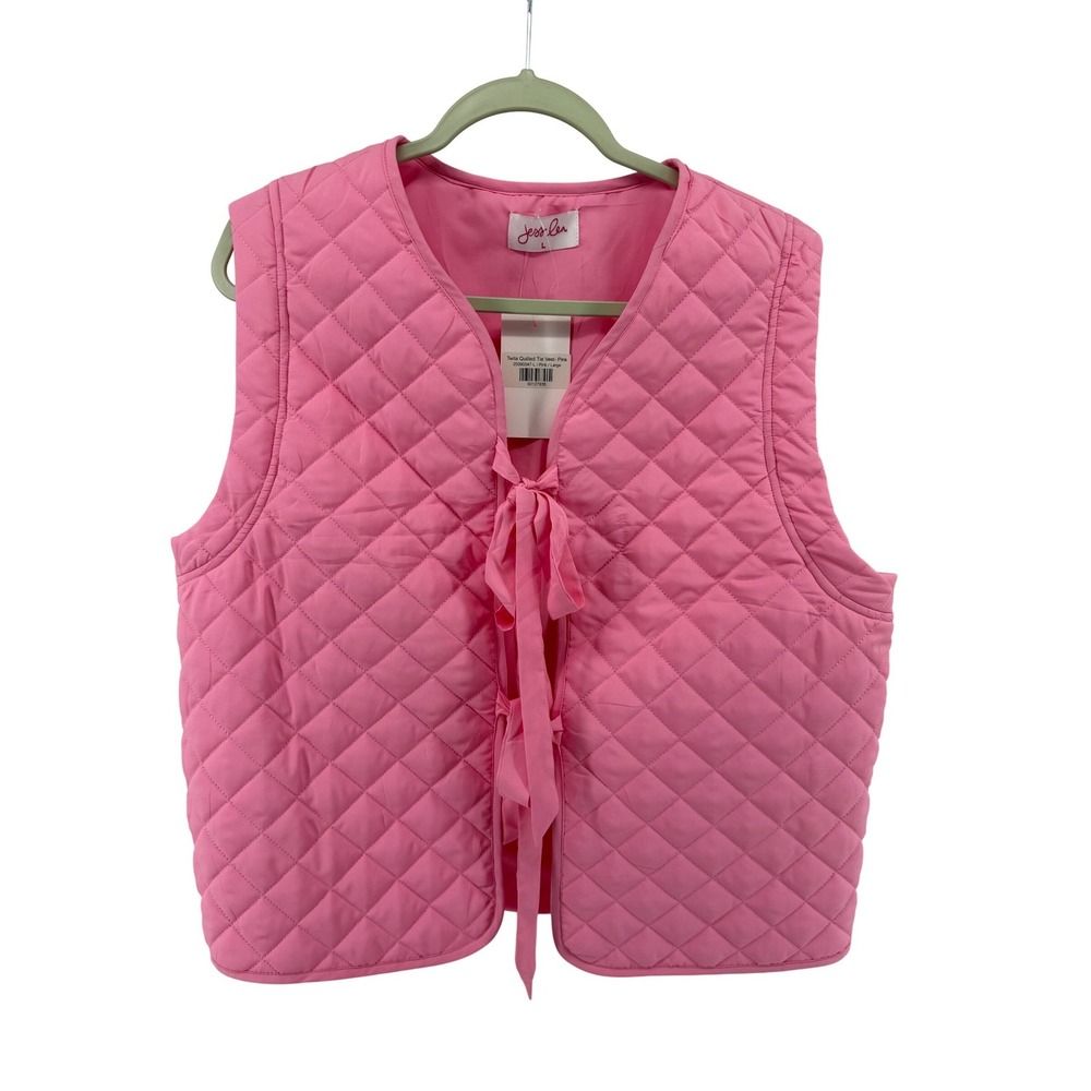 Jess Lea Women's Large Twila Quilted Tie Vest Pink Diamond Pattern Sleeveless